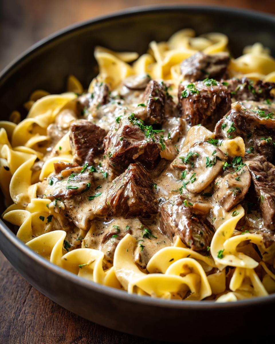 Close-up of Classic Beef Stroganoff with Egg Noodles, featuring tender beef, creamy sauce, and egg noodles.