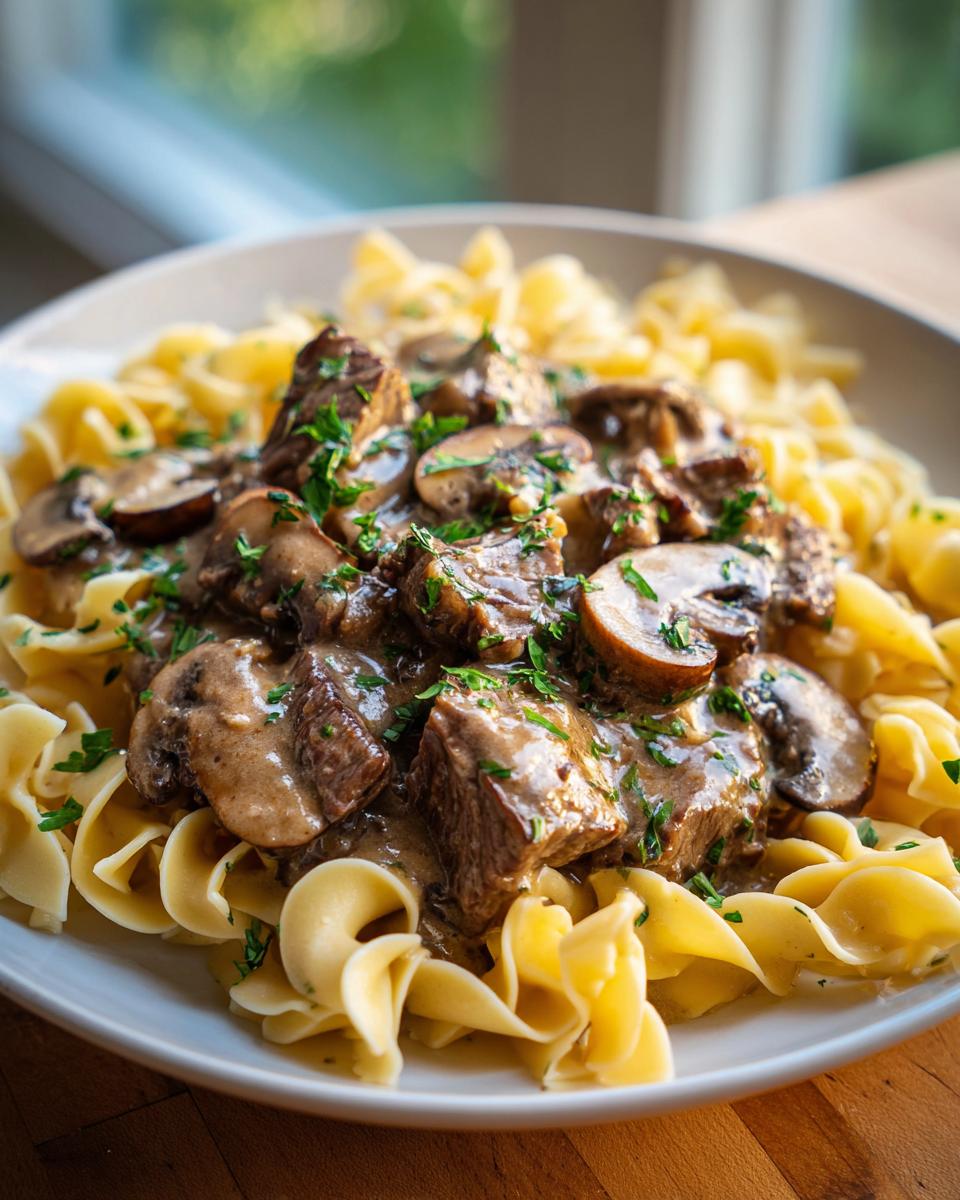Close-up of Classic Beef Stroganoff with egg noodles, mushrooms, and parsley.