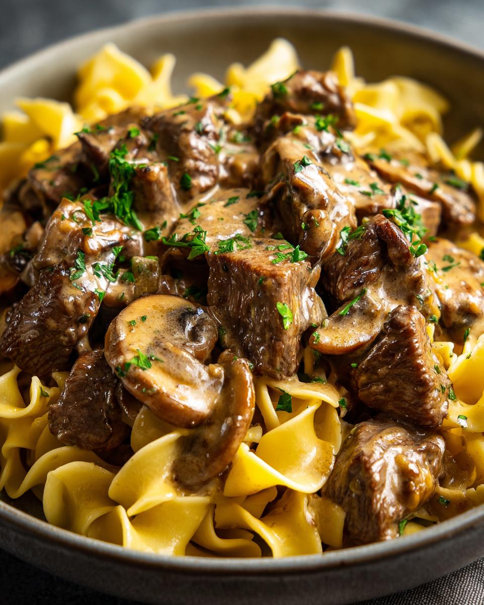 Close-up of Classic Beef Stroganoff with egg noodles, mushrooms, and a creamy sauce.