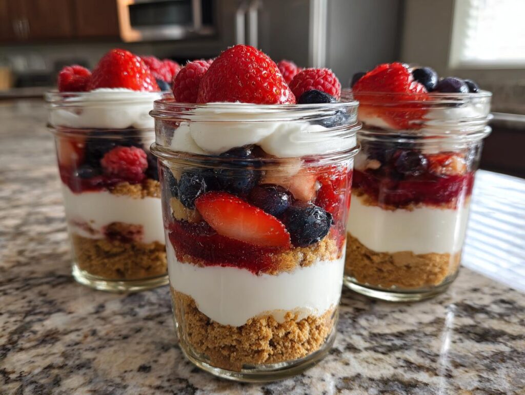 Close-up of three Berry Cheesecake Parfait Jars layered with graham cracker crumbs, cream cheese, and fresh berries.