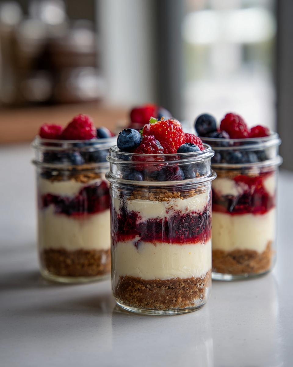 Three layered Berry Cheesecake Parfait Jars with berries, cream, and crumble.