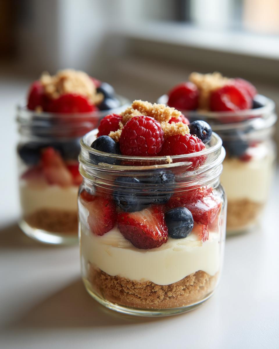 Close-up of three Berry Cheesecake Parfait Jars layered with graham cracker crumbs, cheesecake filling, and fresh berries.