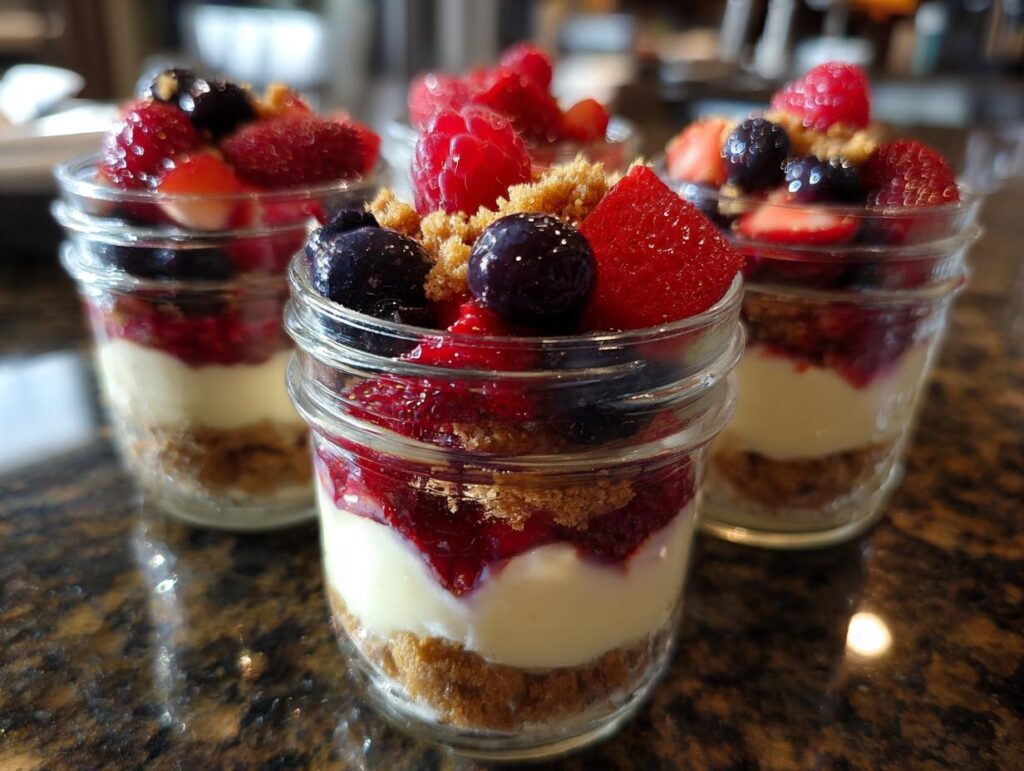 Close-up of three Berry Cheesecake Parfait Jars layered with berries, cream, and crumble.