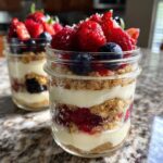Close-up of layered Berry Cheesecake Parfait Jars with fresh berries.