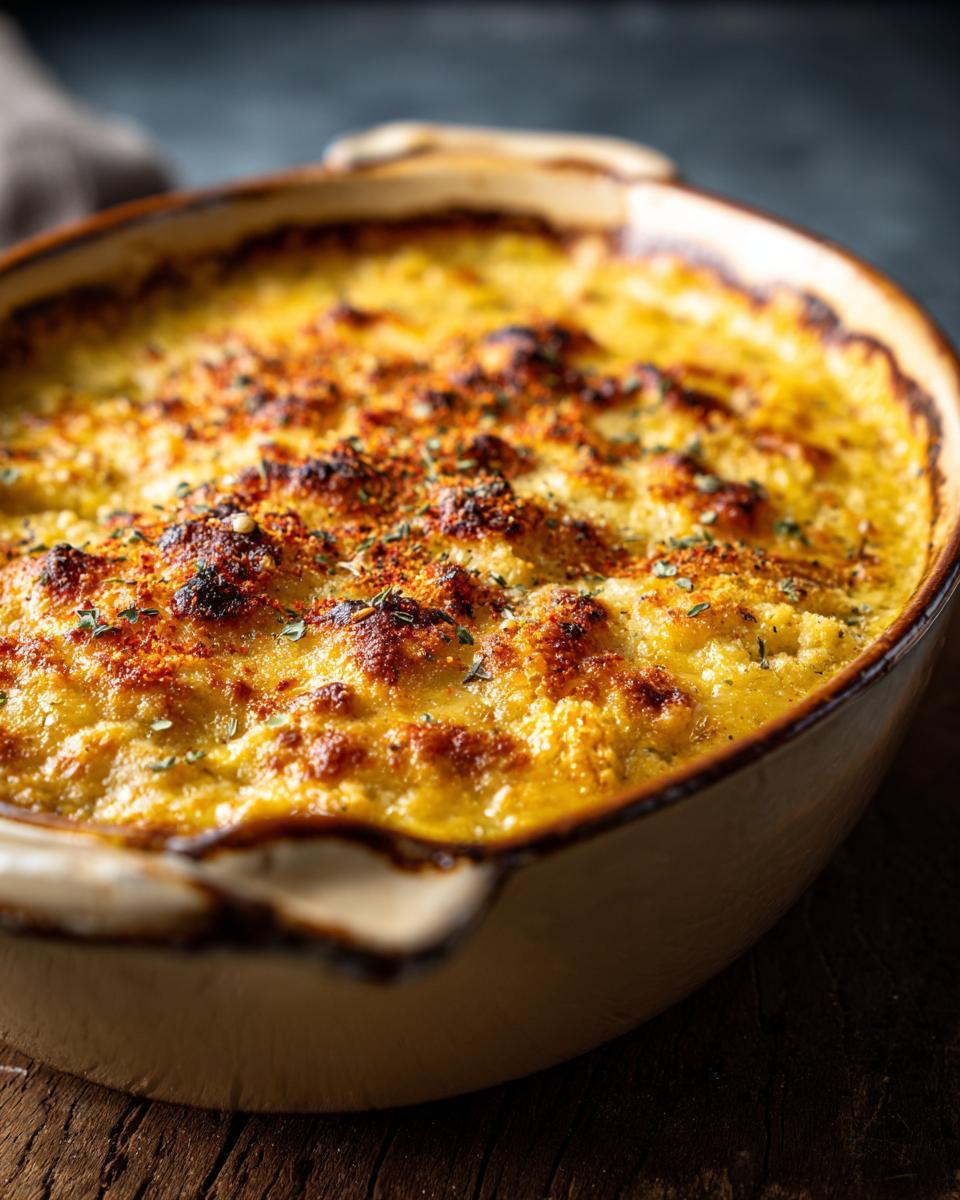 Close-up of a baked Broccoli Cheddar Soup in a baking dish, golden and bubbly.