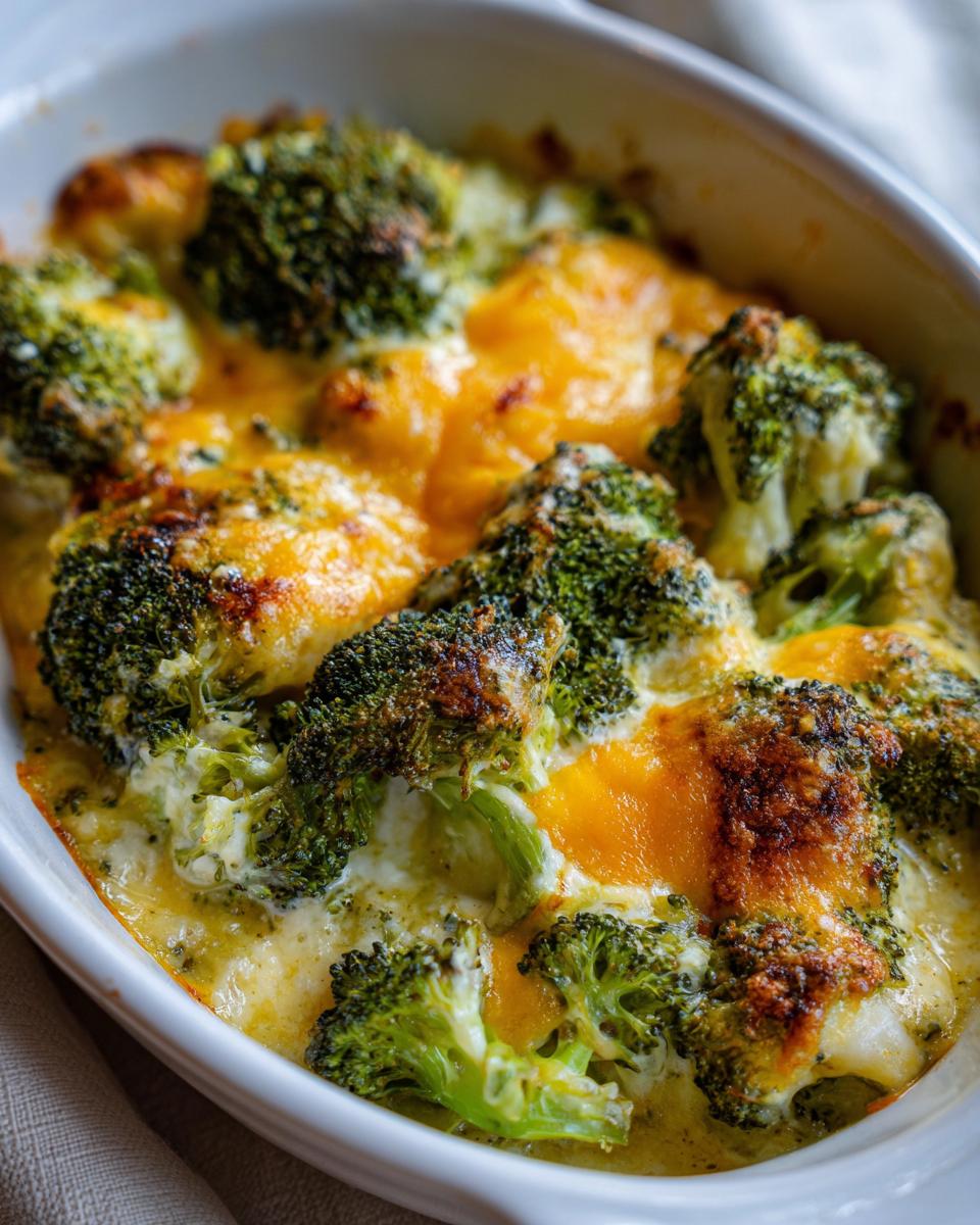 Close-up of a creamy Broccoli Cheddar Soup baked with melted cheese and tender broccoli florets.