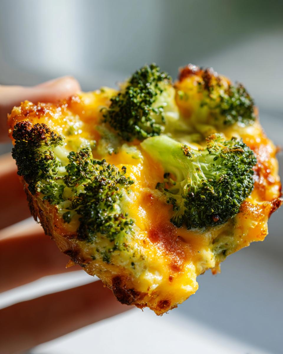 A hand holding a bite-sized portion of baked Broccoli Cheddar Soup, with visible broccoli florets and melted cheddar cheese.