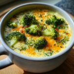 A close-up of a creamy Broccoli Cheddar Soup with florets and melted cheddar cheese.