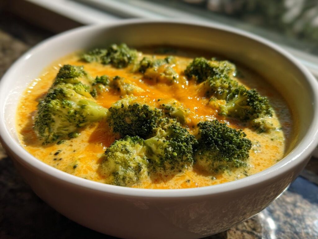 A close-up of a white bowl filled with creamy Broccoli Cheddar Soup, featuring tender broccoli florets and melted cheddar cheese.