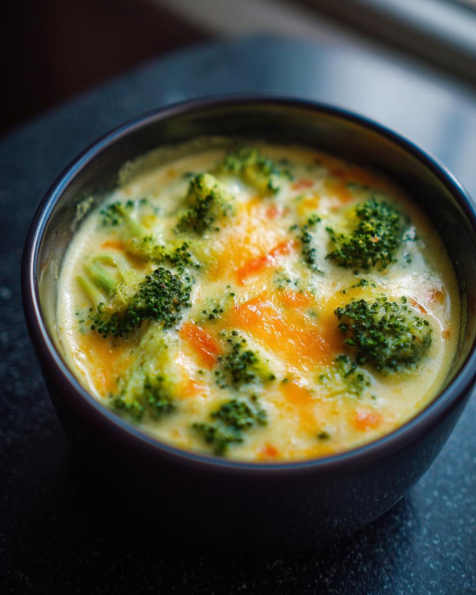 A close-up of creamy Broccoli Cheddar Soup topped with fresh broccoli florets and melted cheddar cheese.