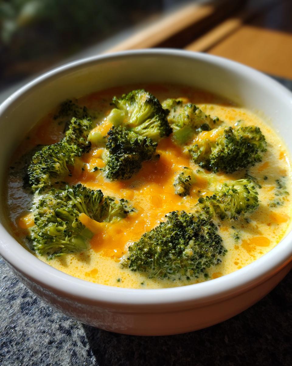 A close-up of a white bowl filled with creamy Broccoli Cheddar Soup, featuring tender broccoli florets and melted cheddar cheese.