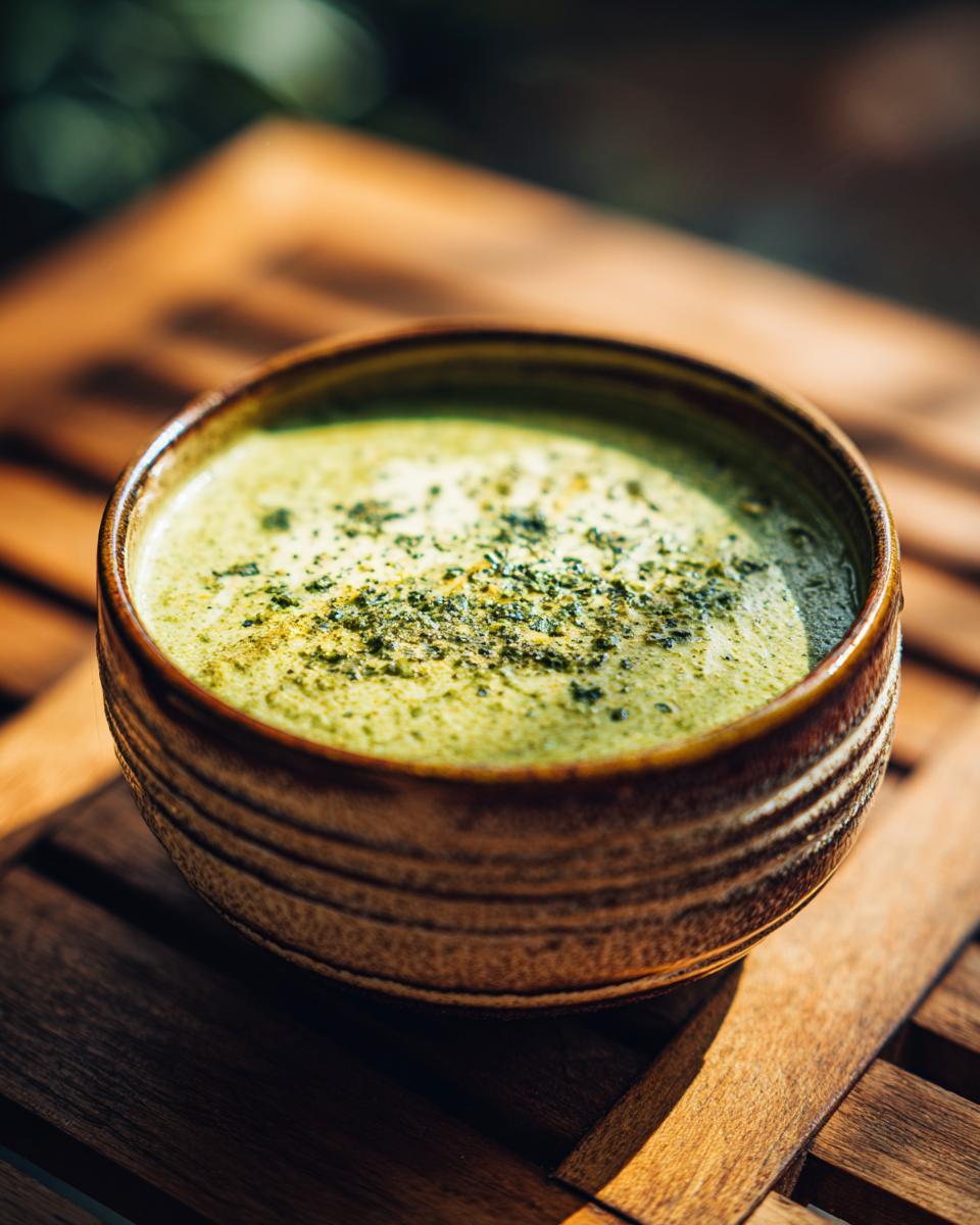 Close-up of a bowl of creamy Broccoli Cheddar Soup, garnished with herbs.
