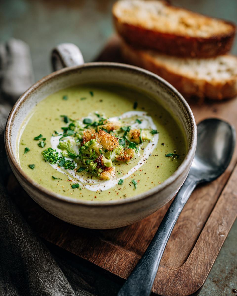 A bowl of creamy, healthy Broccoli Cheddar Soup, garnished with croutons and herbs.
