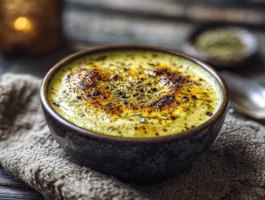 Close-up of a bowl of creamy Broccoli Cheddar Soup (Healthy Version), garnished with herbs.