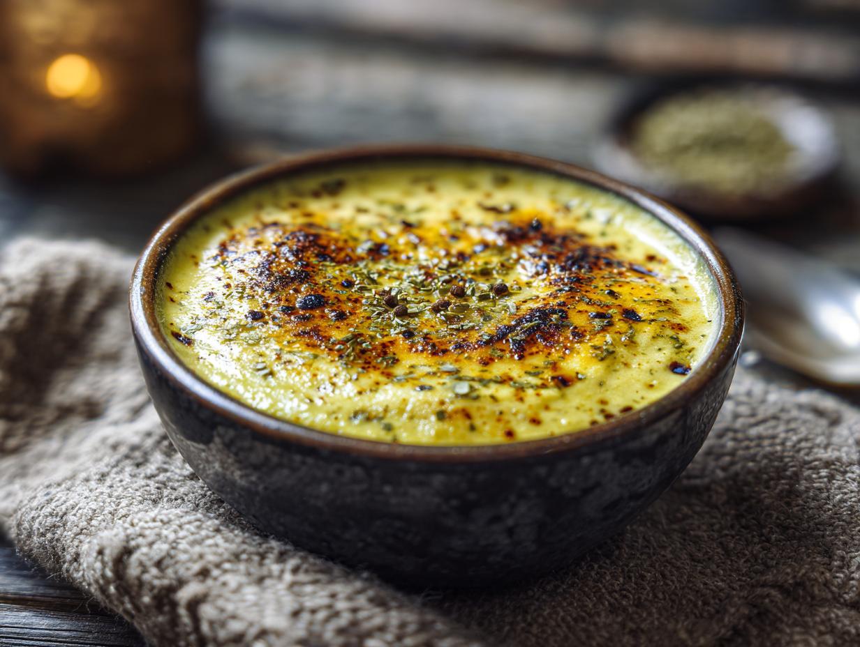 Close-up of a bowl of creamy Broccoli Cheddar Soup (Healthy Version), garnished with herbs.