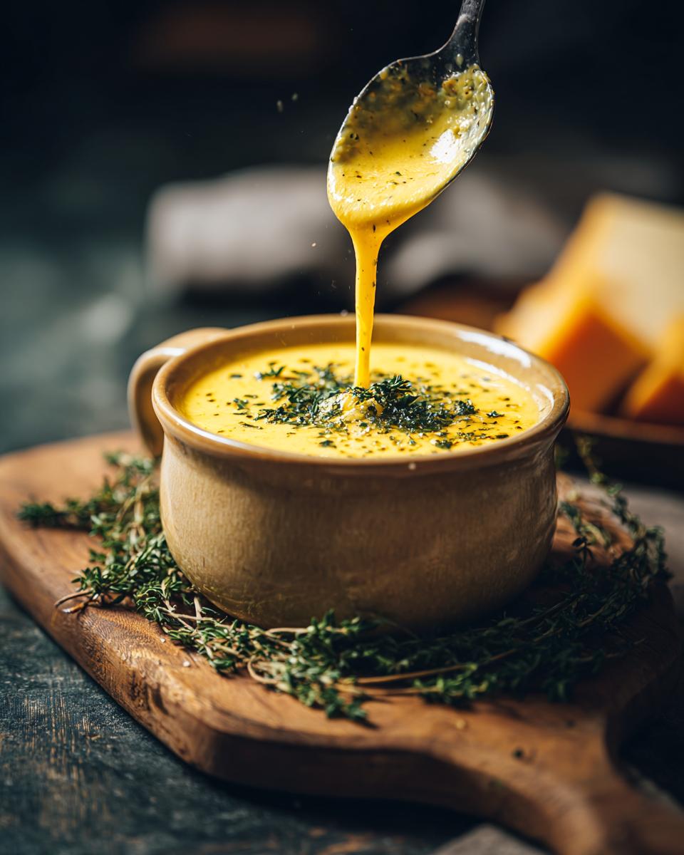Close-up of creamy Broccoli Cheddar Soup being poured from a spoon into a bowl.