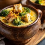 Close-up of a bowl of creamy Broccoli Cheddar Soup, garnished with croutons and cheese.