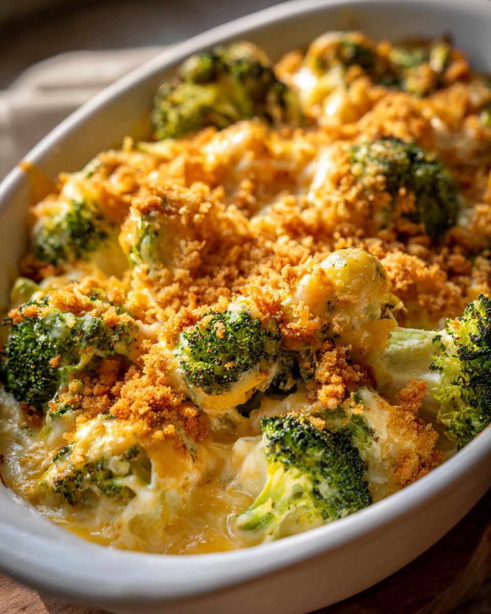 Close-up of a freshly baked Broccoli Cheese Casserole in a white baking dish, ready to serve.