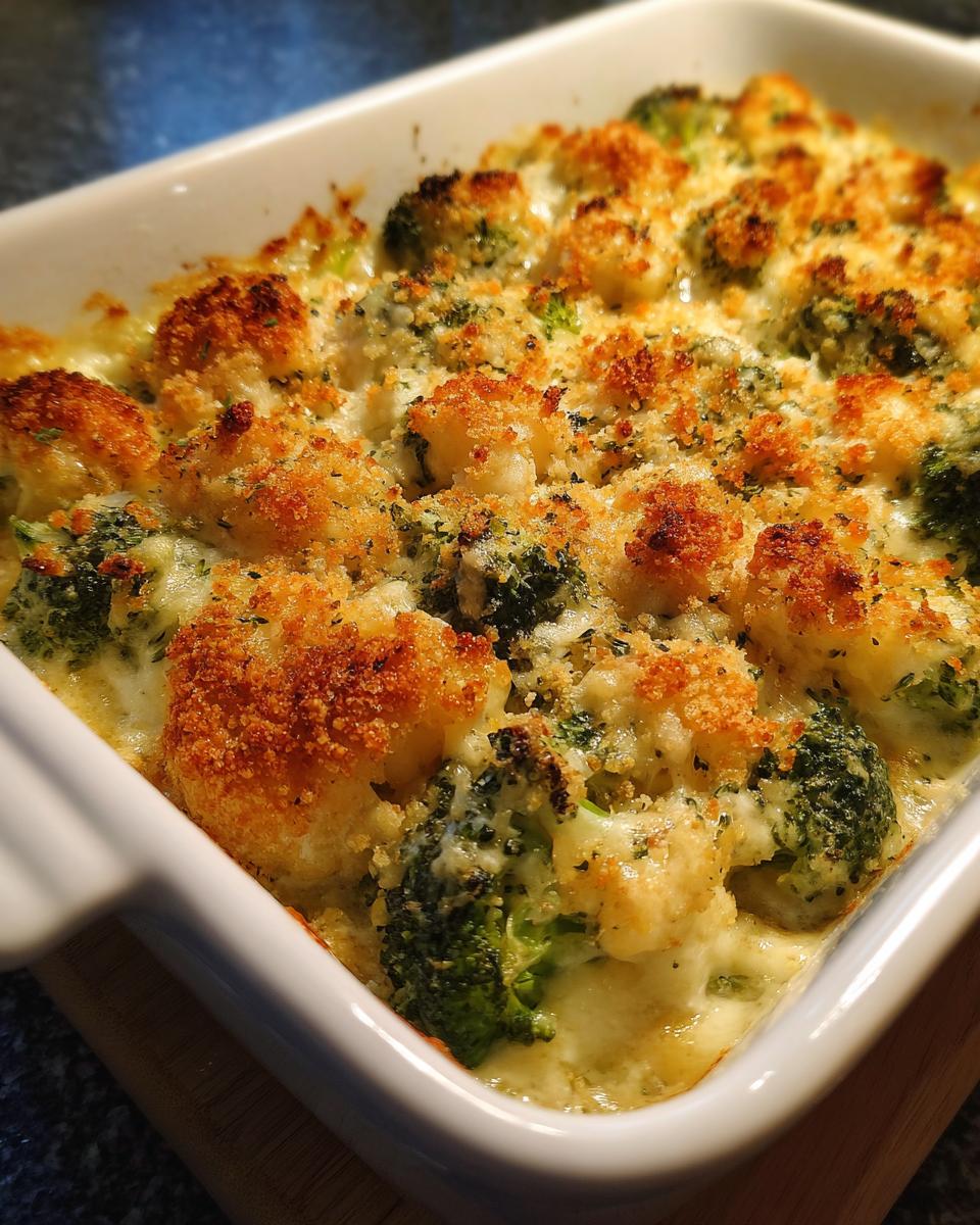 Overhead shot of a baked Broccoli Cheese Casserole in a white baking dish, ready to serve.