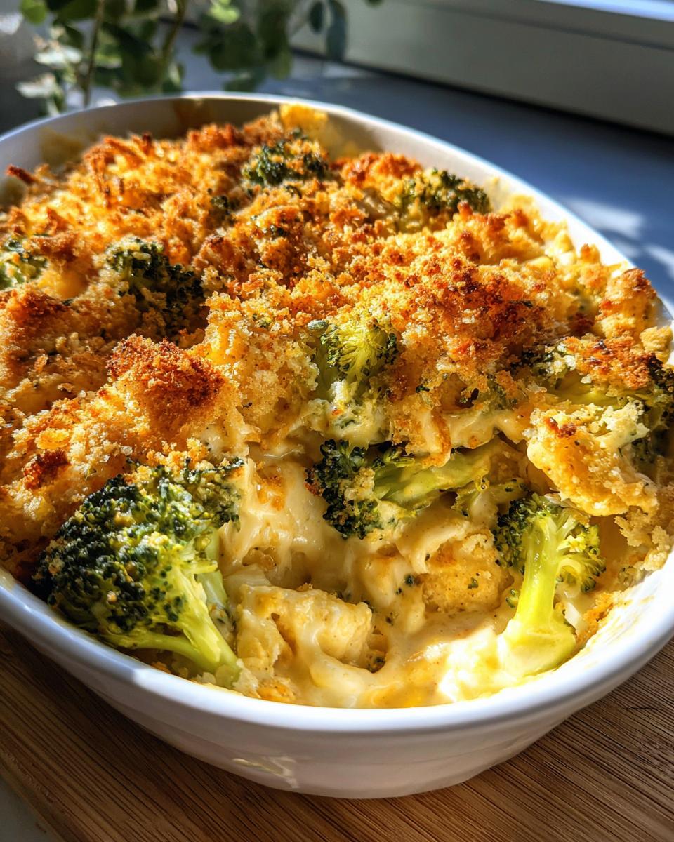 Overhead shot of a baked Broccoli Cheese Casserole in a white dish, ready to serve.