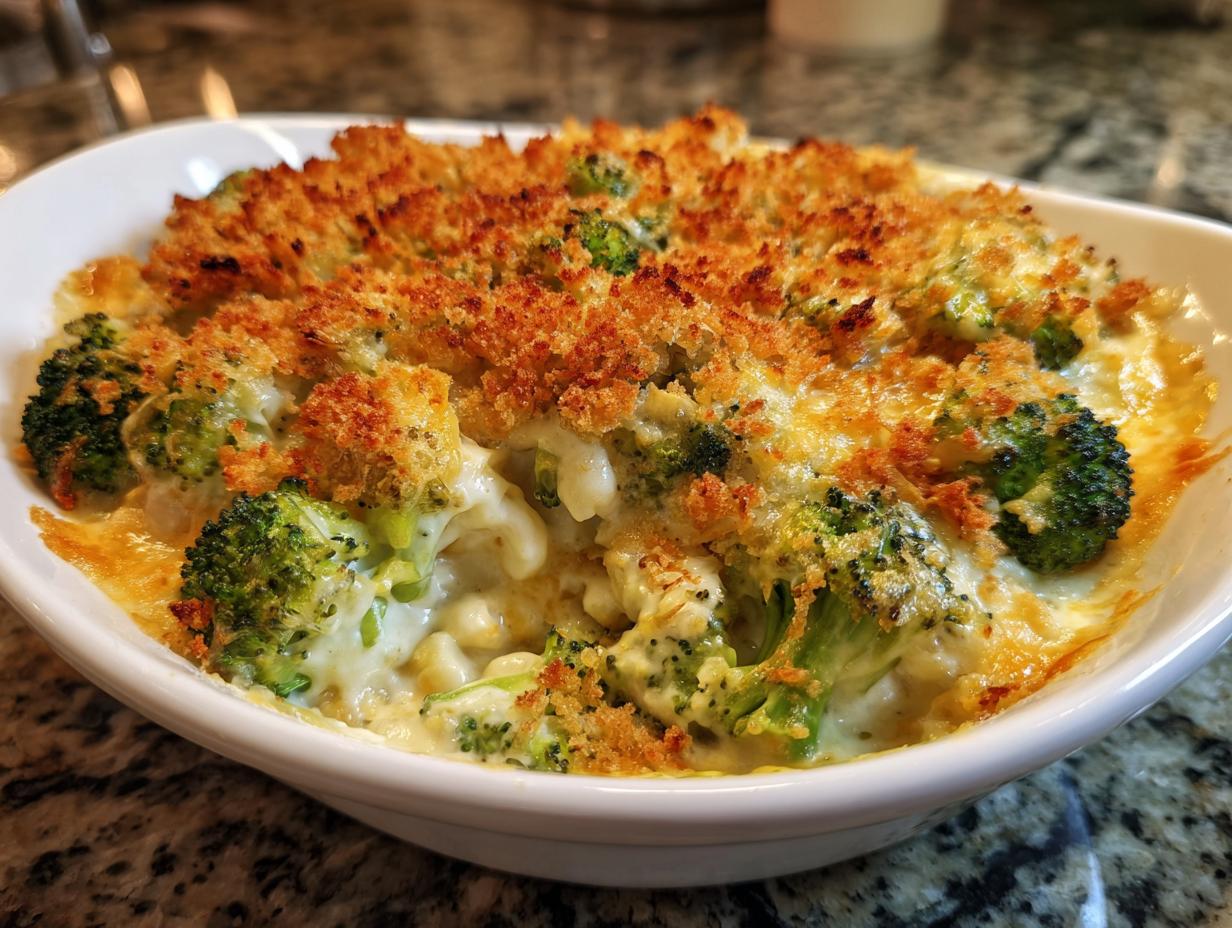 Close-up of a baked Broccoli Cheese Casserole in a white dish, with a golden breadcrumb topping.