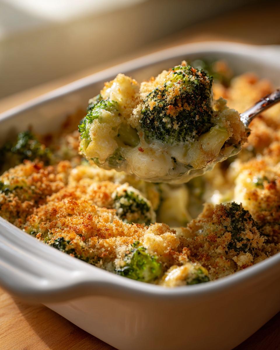 Close-up of a spoonful of Broccoli Cheese Casserole, a creamy and cheesy dish.