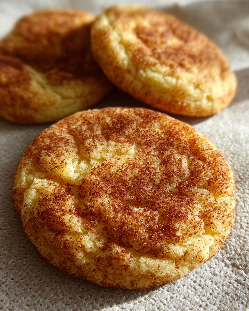 Close-up of three Brown Butter Snickerdoodle Christmas Cookies sprinkled with cinnamon sugar.
