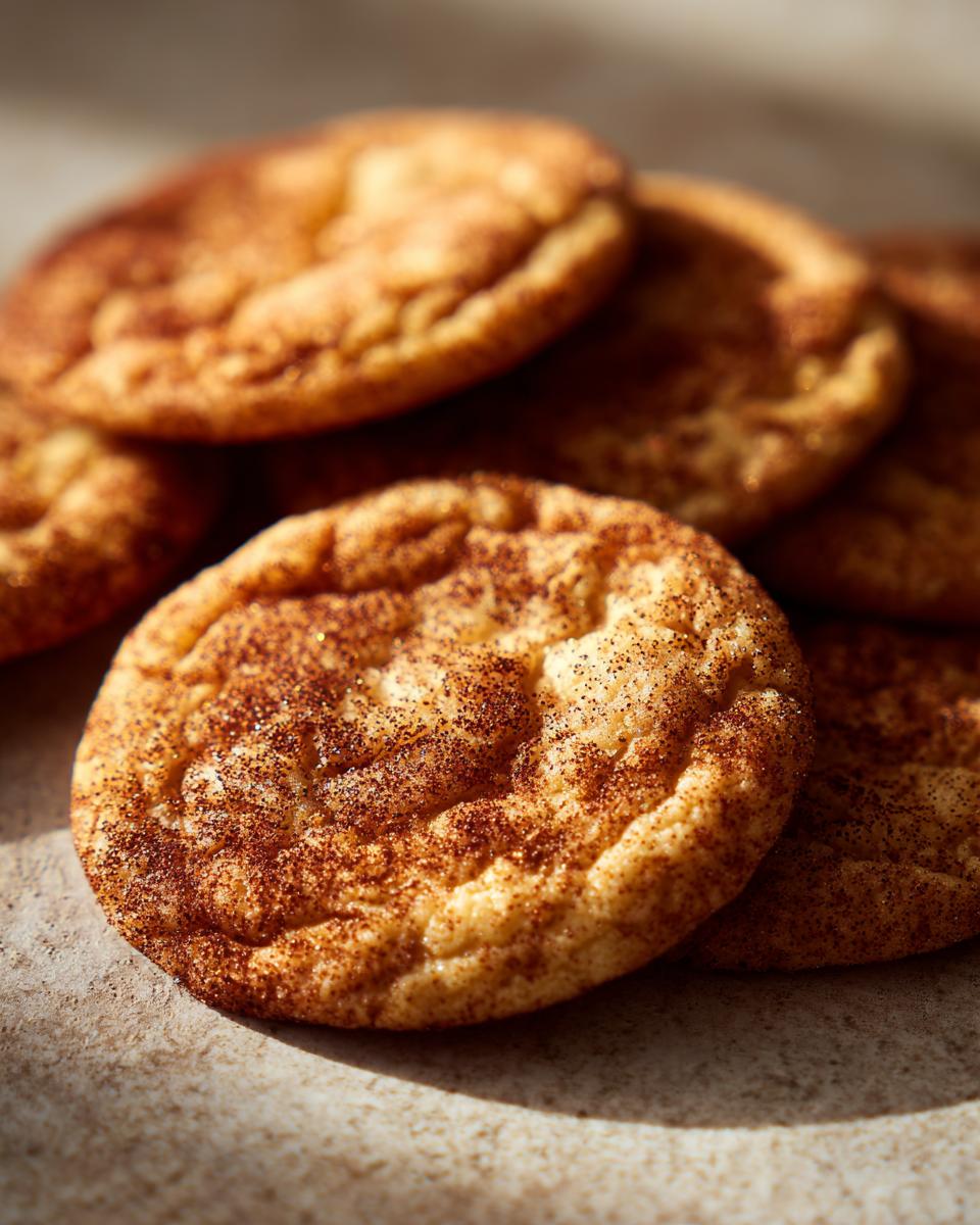 Close-up of freshly baked Brown Butter Snickerdoodle Christmas Cookies, coated in cinnamon sugar.