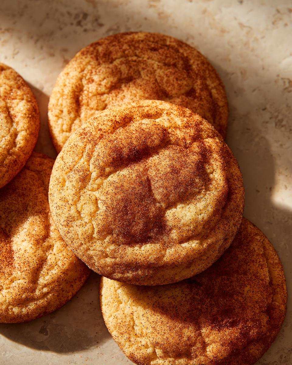 Close-up of freshly baked Brown Butter Snickerdoodle Christmas Cookies, sprinkled with cinnamon sugar.