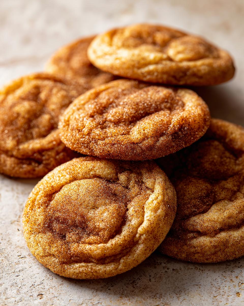 Close-up of a stack of Brown Butter Snickerdoodle Christmas Cookies, coated in cinnamon sugar.