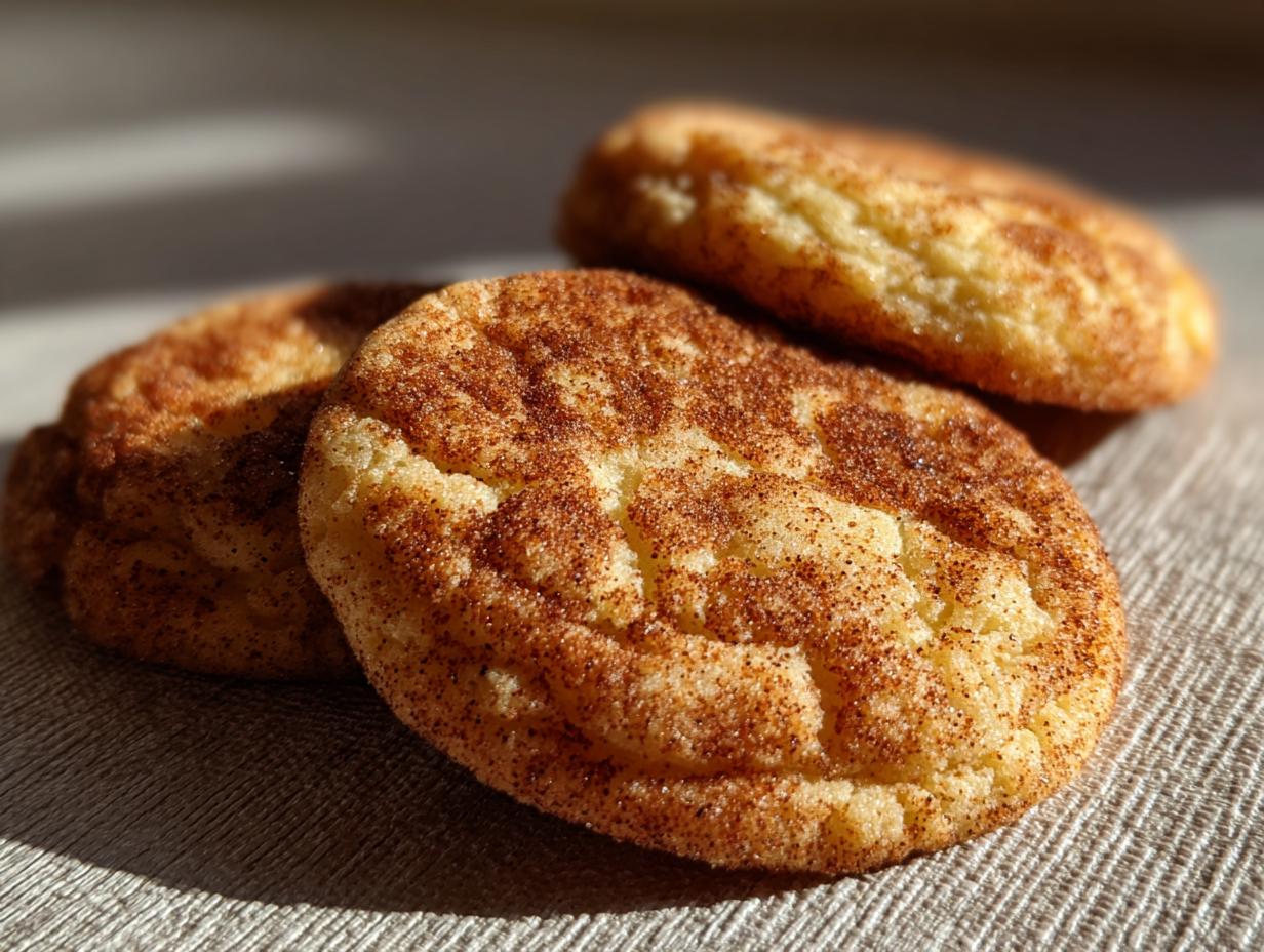 Close-up of three delicious Brown Butter Snickerdoodle Christmas Cookies sprinkled with cinnamon sugar.