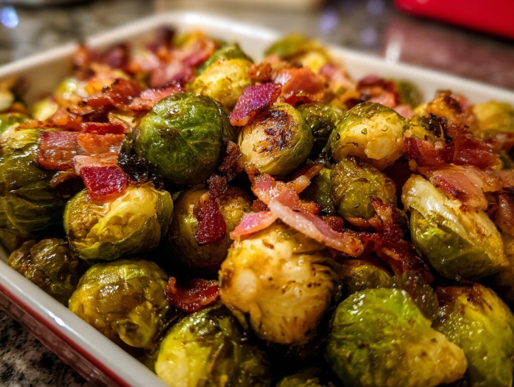 Close-up of roasted Brussels Sprouts with Bacon, a delicious side dish.