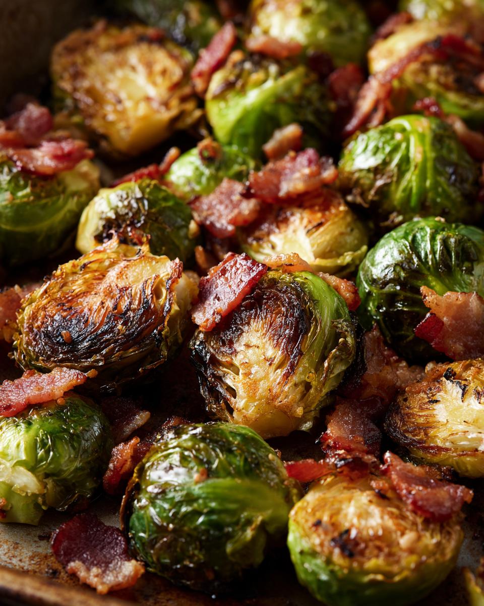 Close-up of roasted Brussels Sprouts with Bacon, a delicious side dish.