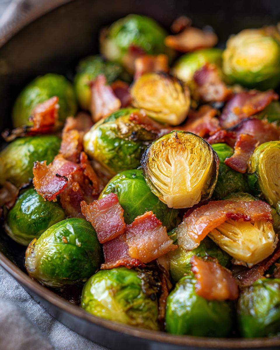 Close-up of roasted Brussels Sprouts with Bacon, a delicious side dish.