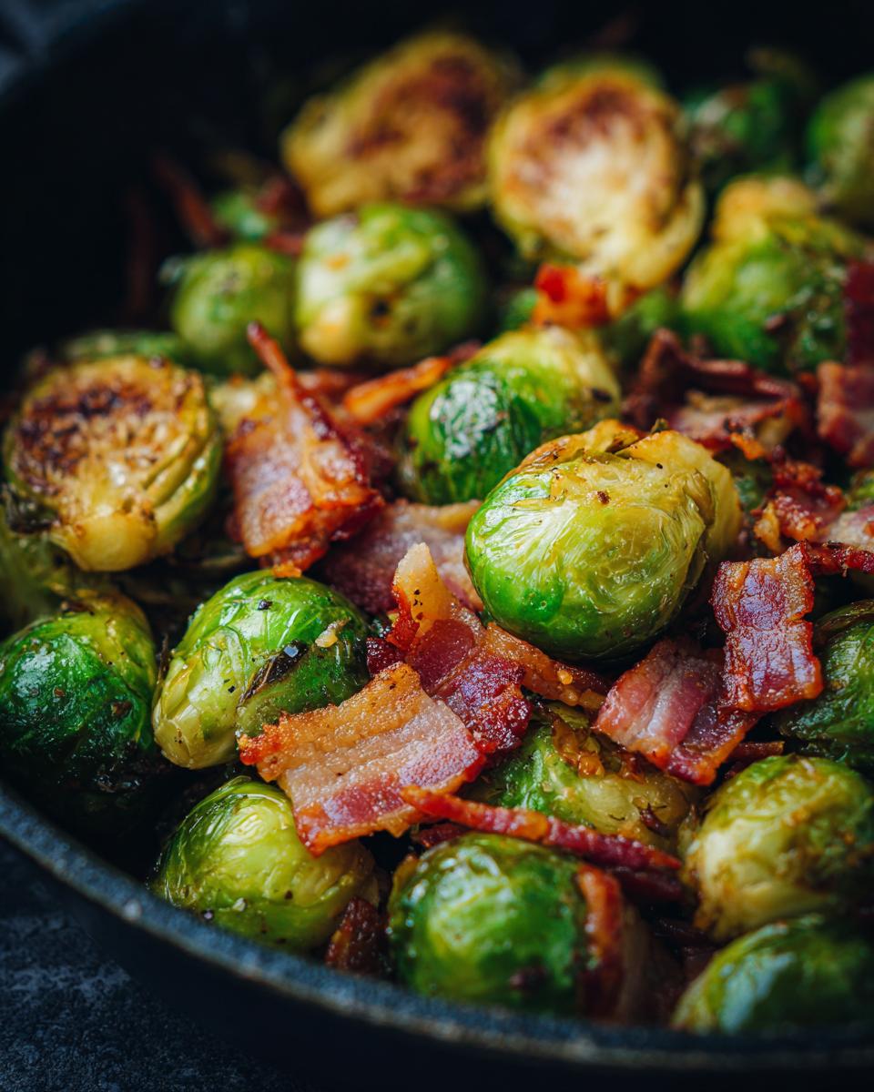 Close-up of roasted Brussels Sprouts with Bacon in a pan, showing crispy bacon and tender sprouts.
