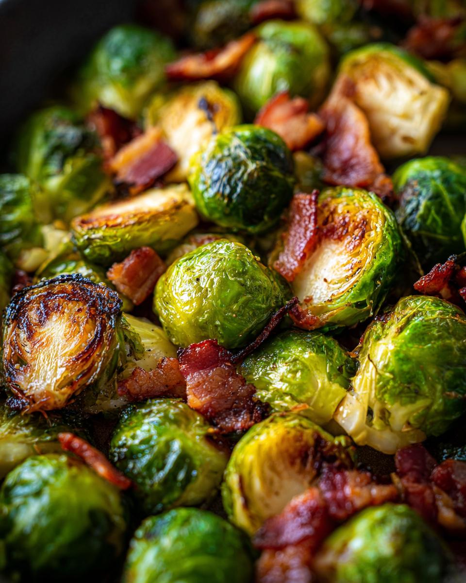 Close-up of crispy Brussels Sprouts with Bacon, a delicious side dish.
