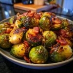 Close-up of roasted Brussels Sprouts with Bacon on a plate, a delicious side dish.