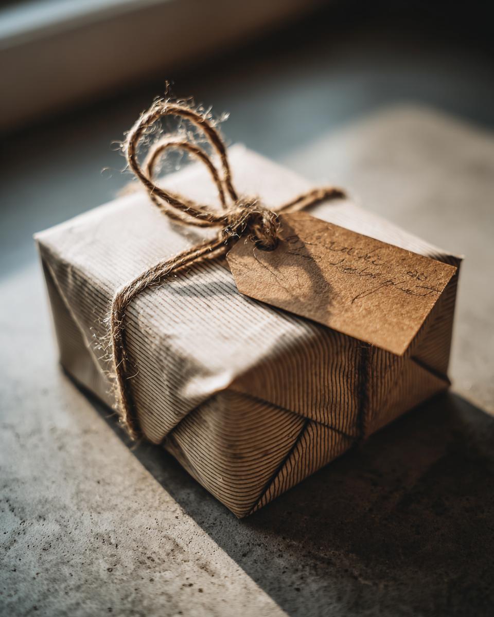 A simple, budget-friendly gift wrapped in striped brown paper, tied with twine and a kraft tag.