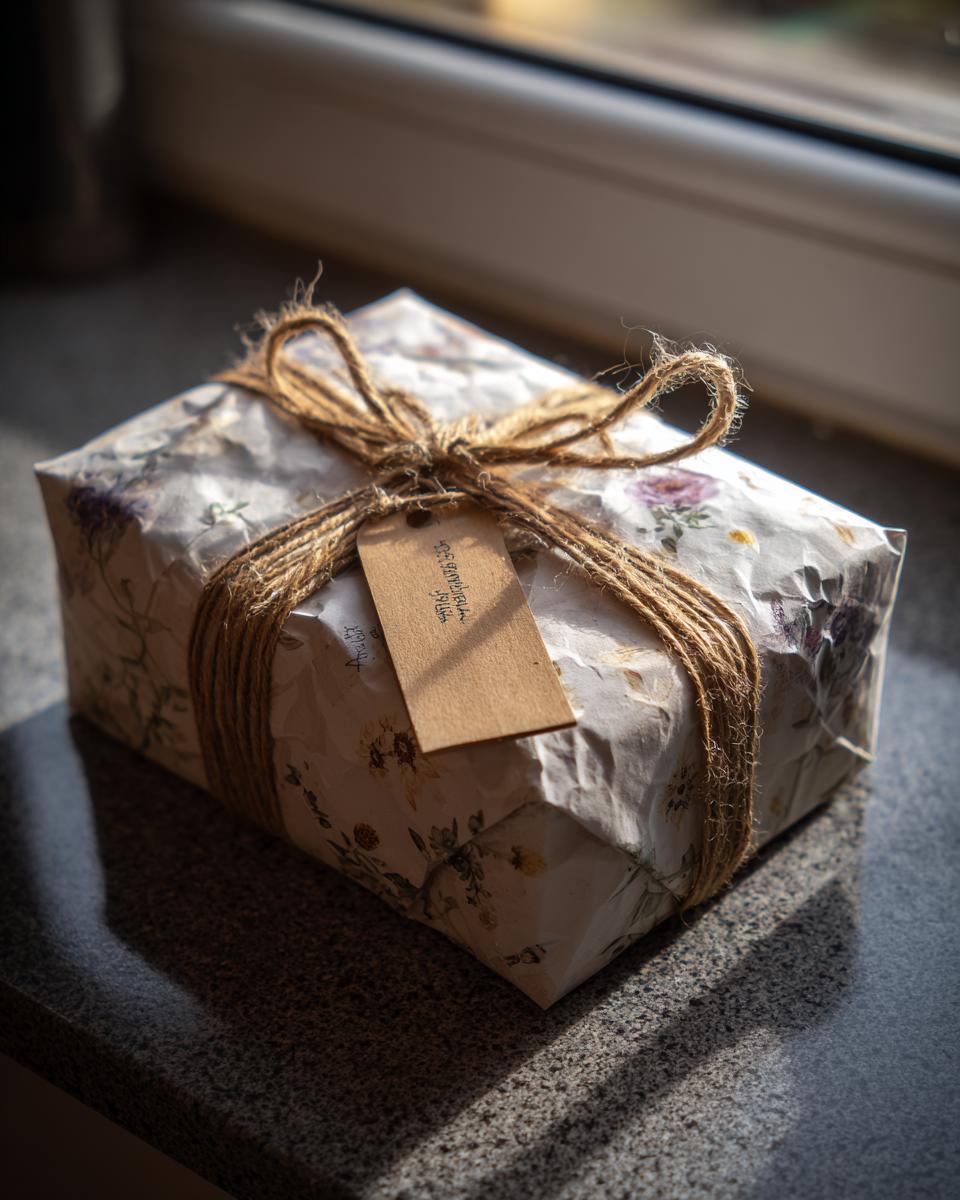 A beautifully wrapped gift box with floral paper and twine, a perfect example of budget-friendly gift ideas.
