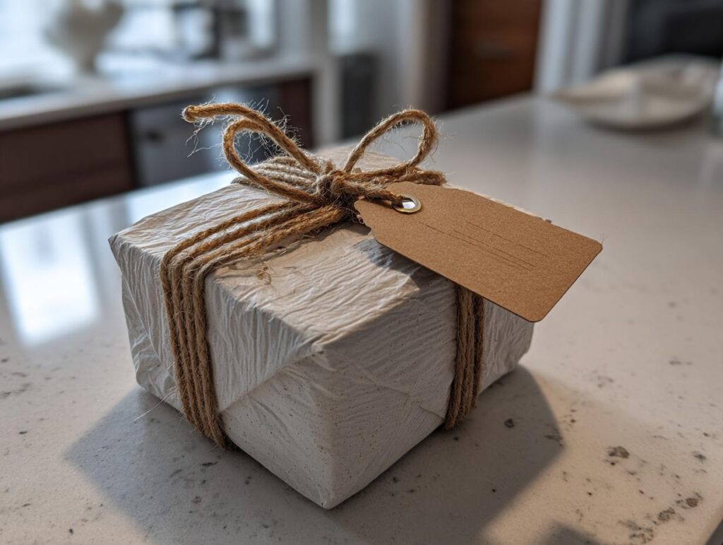 A white textured gift box wrapped with rustic twine and a blank kraft paper gift tag, representing budget-friendly gift ideas.