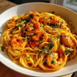 Close-up of Quick Cajun Shrimp Pasta in a white bowl, garnished with parsley.