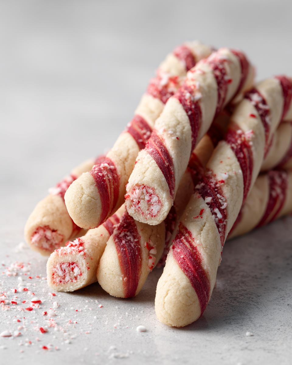 Close-up of twisted candy cane cookies with red stripes and crushed candy cane pieces, perfect for a candy cane cookie recipe.