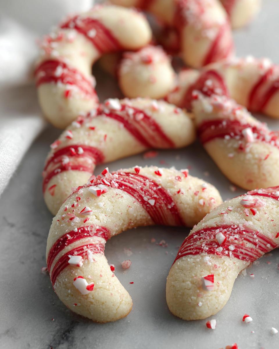 Close-up of festive candy cane cookies with red stripes and crushed candy cane topping.