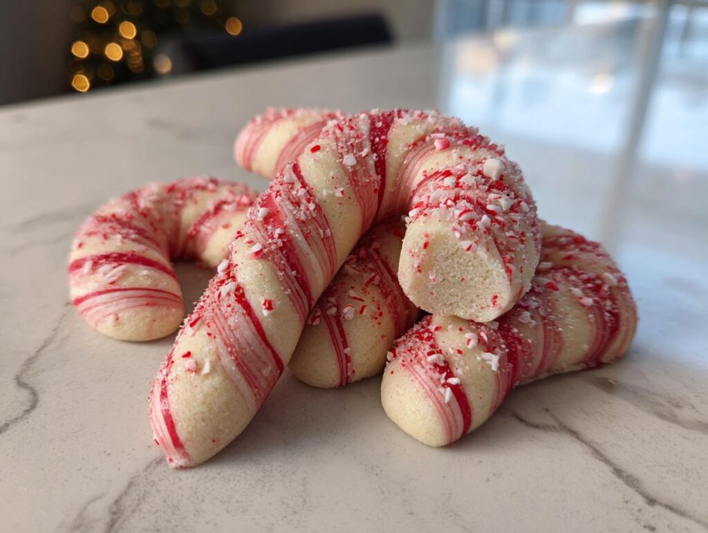 A close-up of festive candy cane cookies, swirled with red and white dough and sprinkled with crushed candy cane pieces.