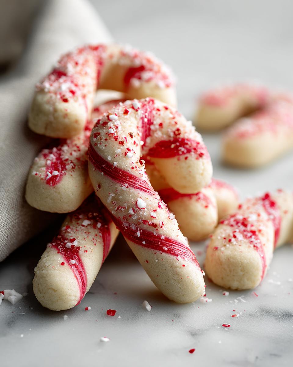 Close-up of festive candy cane cookies with red stripes and crushed candy cane pieces, perfect for a Christmas treat.