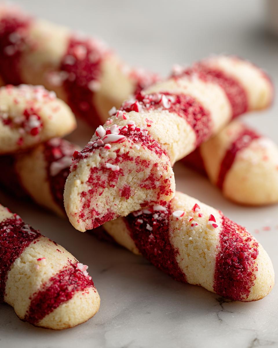 Close-up of festive candy cane cookies with red and white stripes, coated in crushed candy cane pieces.
