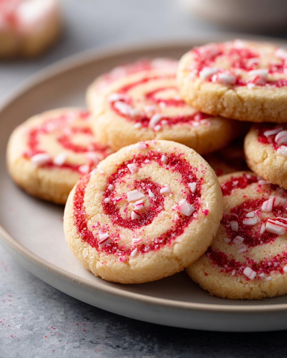 Close-up of delicious Candy Cane Shortbread Cookies with red swirls and crushed candy cane pieces.