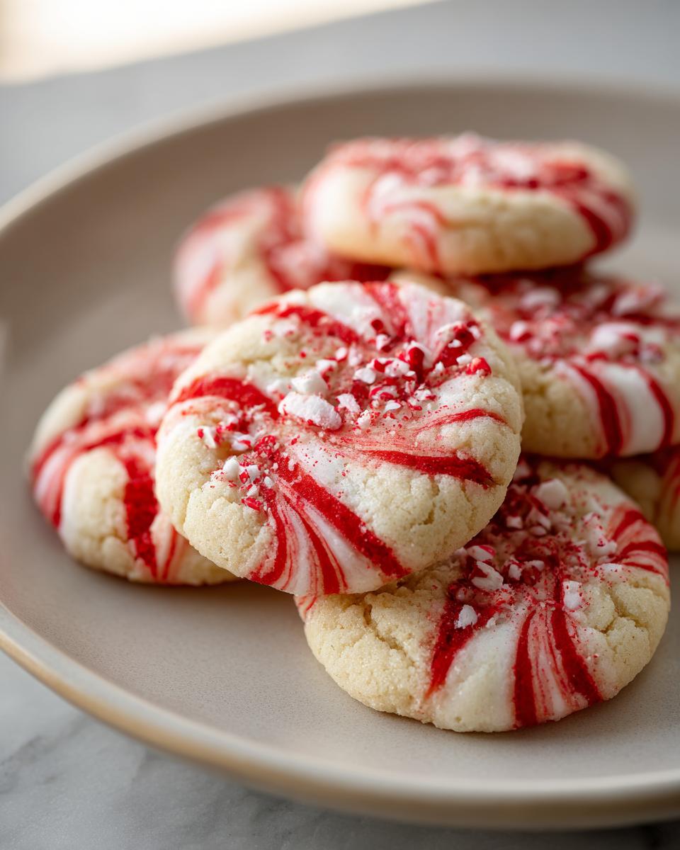 A close-up of a stack of festive Candy Cane Shortbread Cookies, swirled with red and white and topped with crushed peppermint.