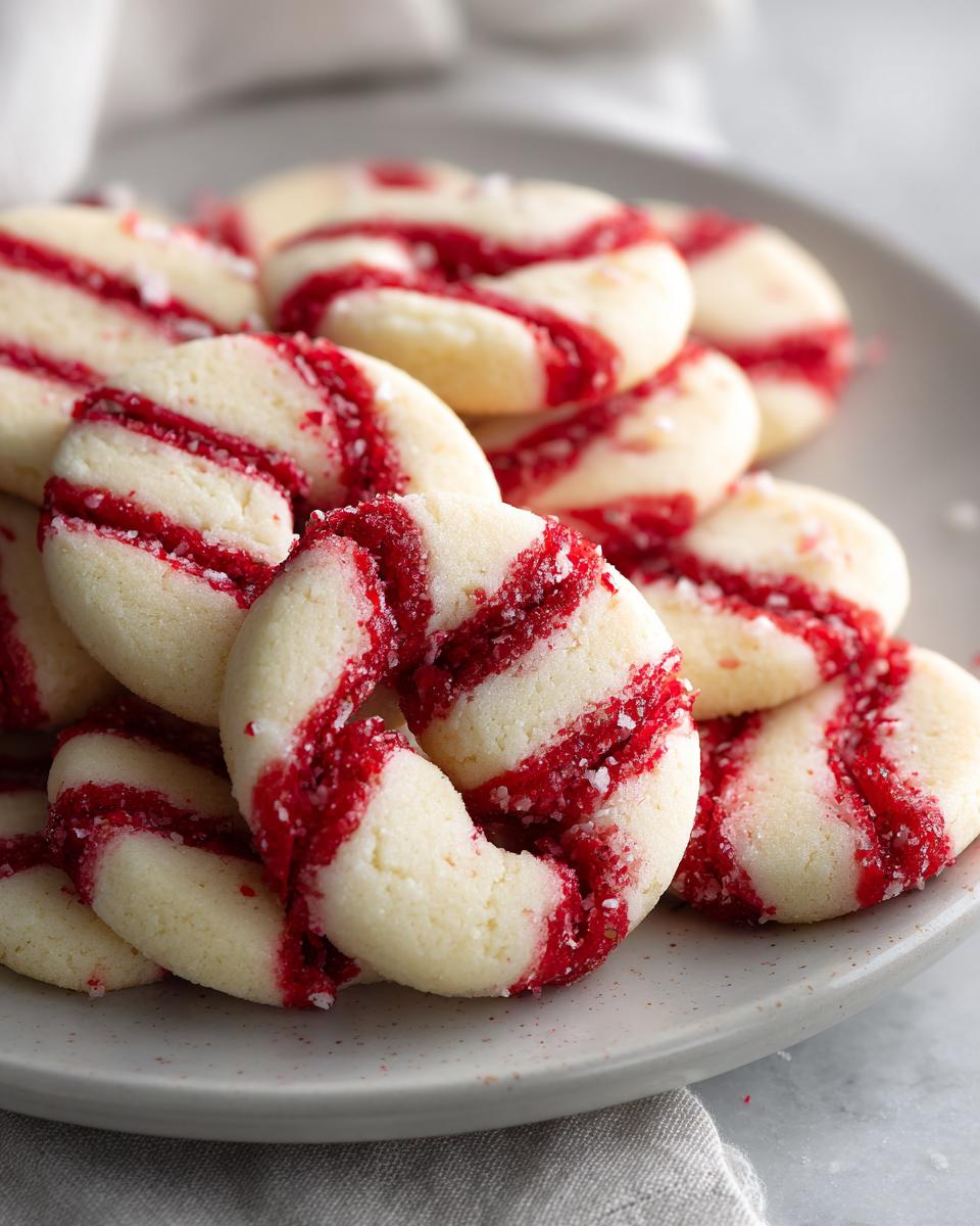 A close-up of a pile of festive Candy Cane Shortbread Cookies with red stripes and crushed candy cane topping.