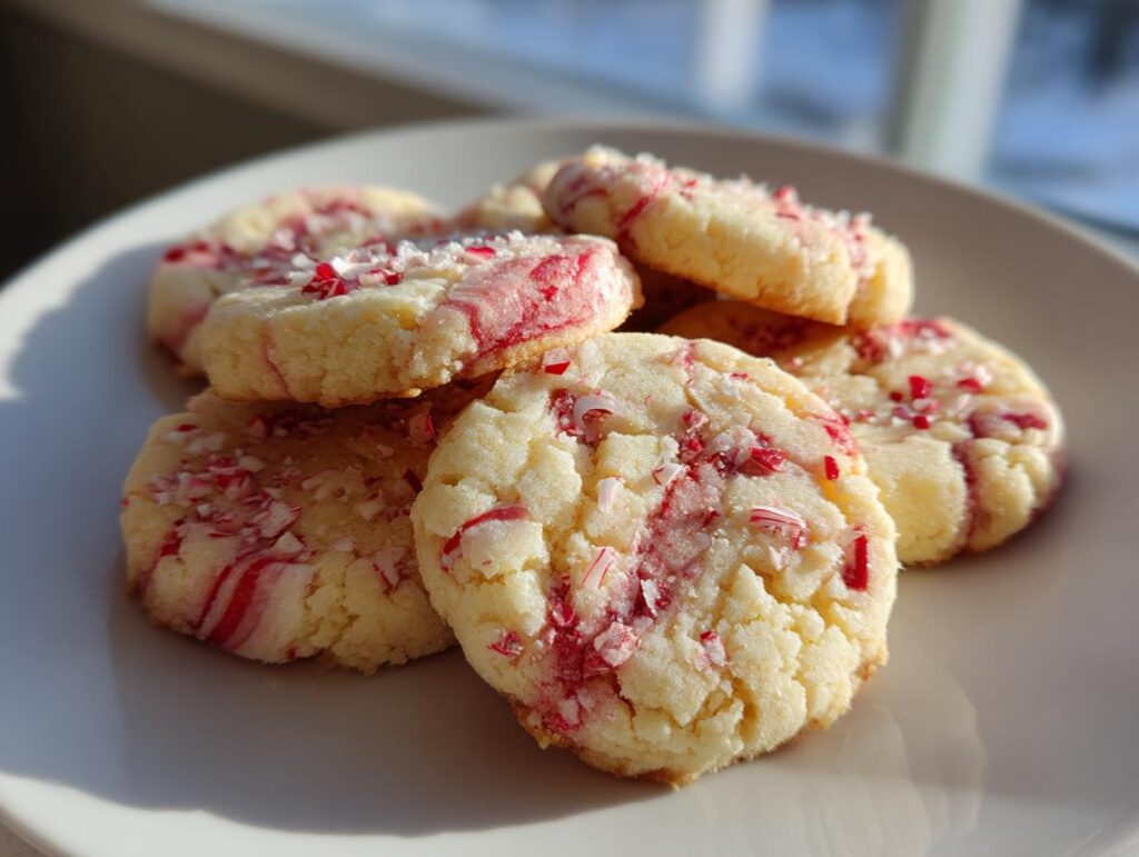 A pile of festive Candy Cane Shortbread Cookies with red and white swirls and crushed candy cane pieces.